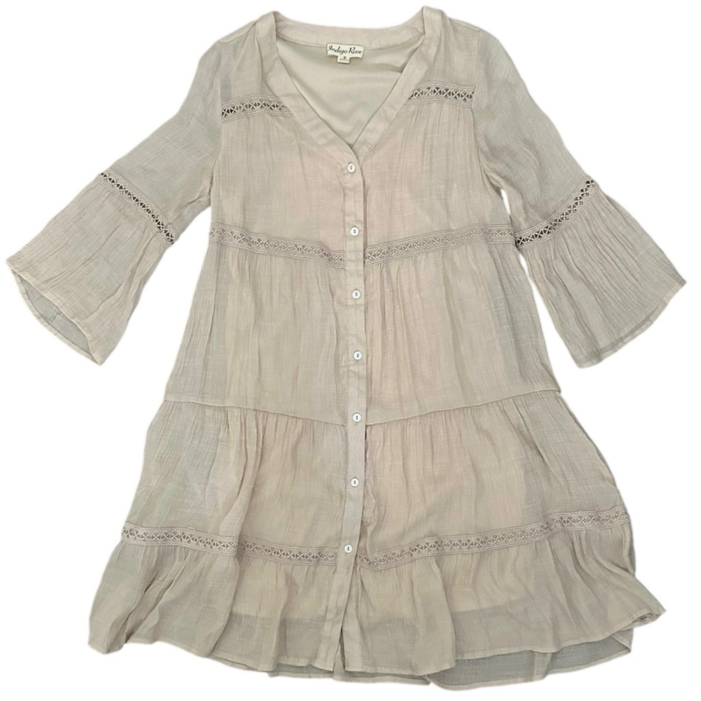 Indigo Rose Boho Beige Crochet Trim Tiered Button-Front Dress (Size S)
